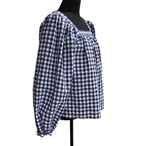 KATE SPADE Blue & White Gingham Square Neck Puff Sleeve Blouse Sz XS
